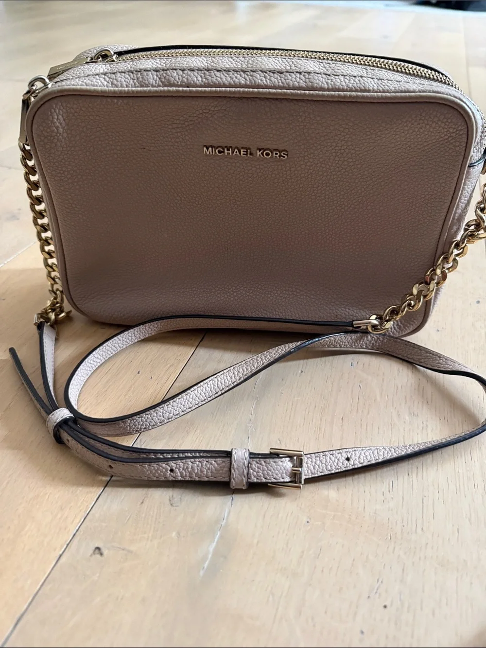 Michael Kors Taupe Pebbled Leather Crossbody with Gold Chain